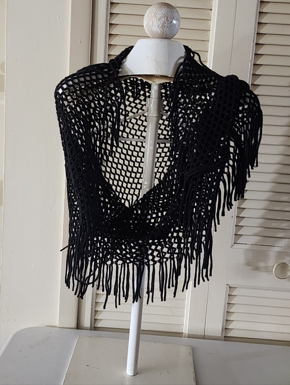 Black Open-Knit Fringe Women's Sweater Shawl Or Scarf